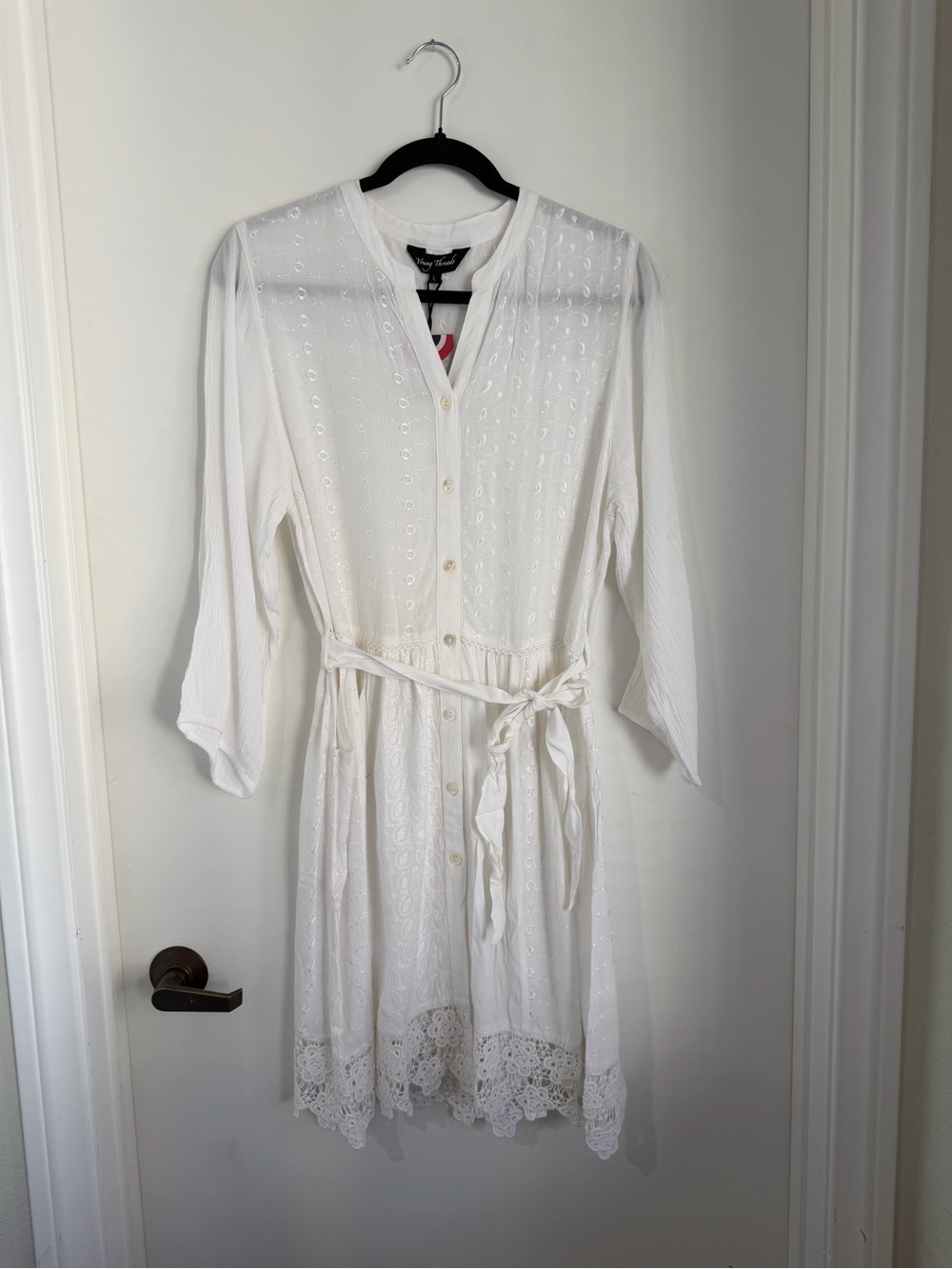 White Eyelet Button-Front Mini Dress with Tie Waist by young threads NWT